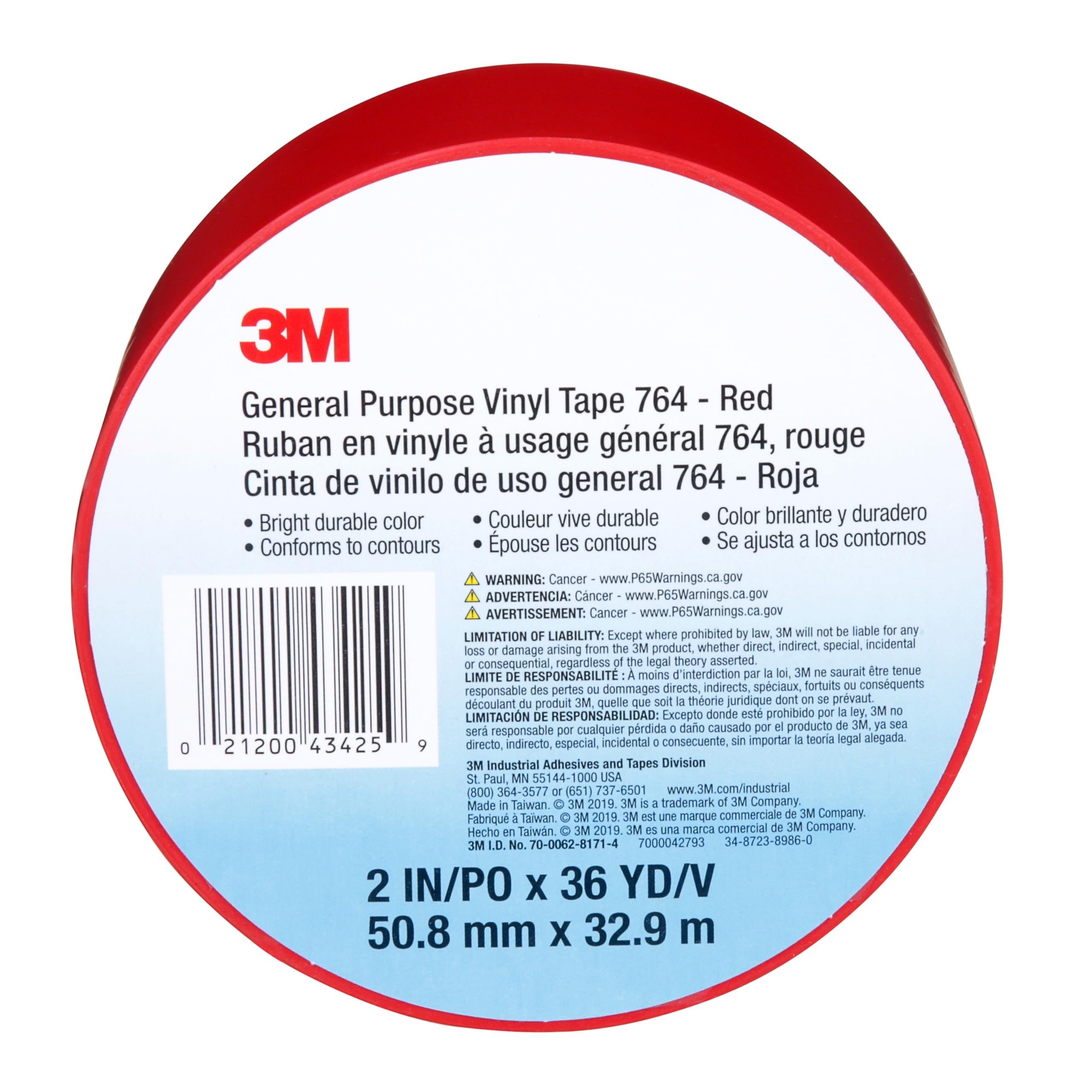 3M 70006281714 General Purpose Vinyl Tape 764 Red, 2 in x 36 yd
